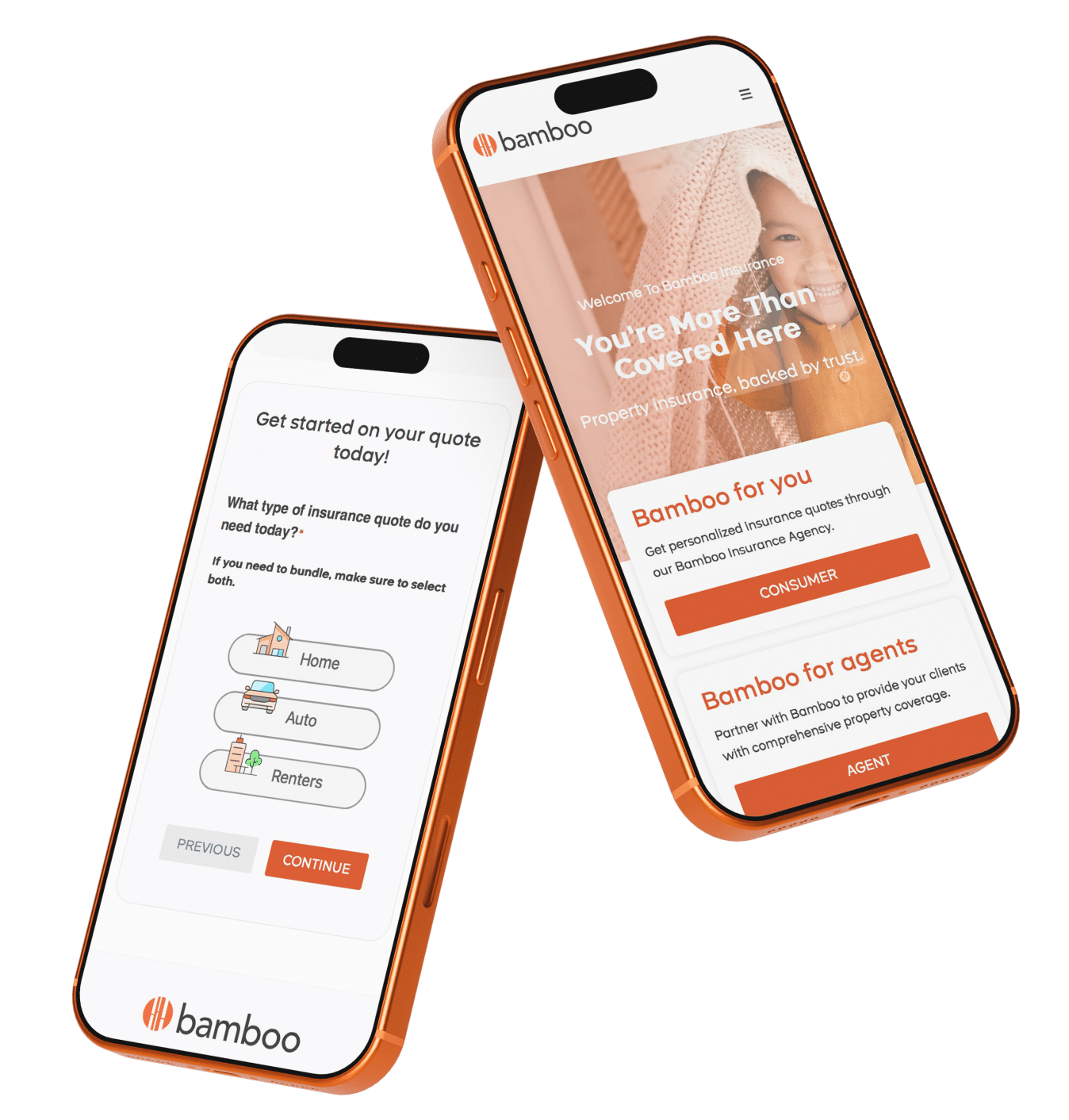 Mobile phones displaying Bamboo Insurance Home page and Get a Quote page.