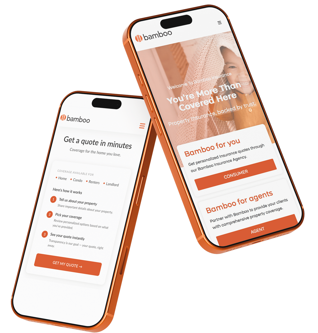 Mobile phones displaying Bamboo Insurance Home page and Get a Quote page.